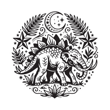 Black and white tattoo style illustration of a mythical elephant and stegosaurus hybrid surrounded by a celestial moon and floral circular frame