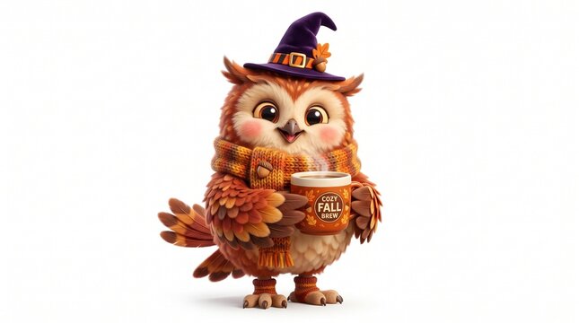 Cute Cartoon Owl in Witch Hat Holding Cozy Fall Drink