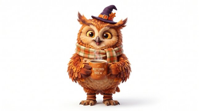 Cartoon Owl in Witch Hat Holding Autumn Brew Coffee Cup