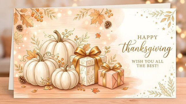 Happy thanksgiving greeting card with white pumpkins and gift boxes on a wooden table