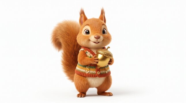 Cartoon Squirrel Holding Golden Acorn in Cozy Sweater