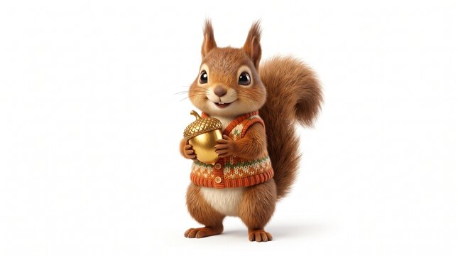 Cartoon Squirrel Holding Golden Acorn in Cozy Sweater