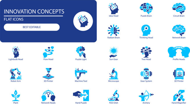 Innovation concepts icon set. Monochrome vector illustration of brain, lightbulb, robot, microscope and puzzle symbols for business and technology design