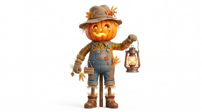 Cheerful Scarecrow with Lantern Celebrating Harvest Festival