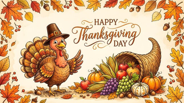 Happy thanksgiving day illustration with a cute turkey in a pilgrim hat and a cornucopia filled with fruits and vegetables, isolated on white background