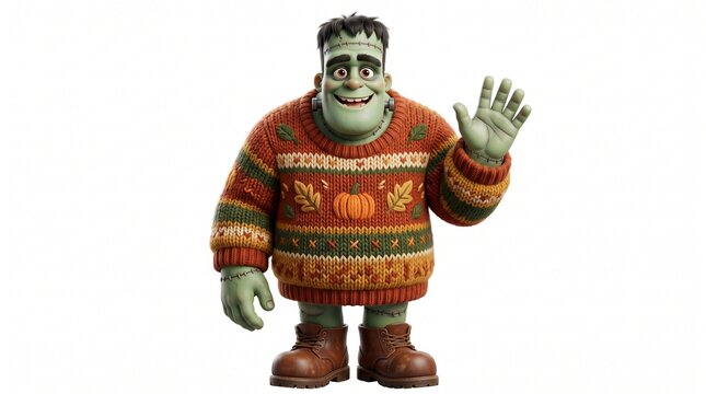 Animated Frankenstein Monster Waving in Festive Autumn Sweater