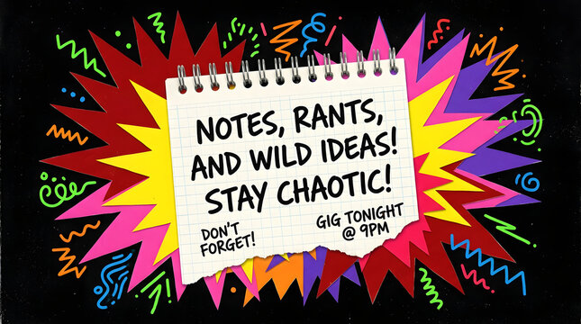 Notes, Rants, and Wild Ideas: A chaotic and colorful explosion of abstract shapes and vibrant colors surrounds a torn piece of paper with handwritten notes, proclaiming Notes, Rants.
