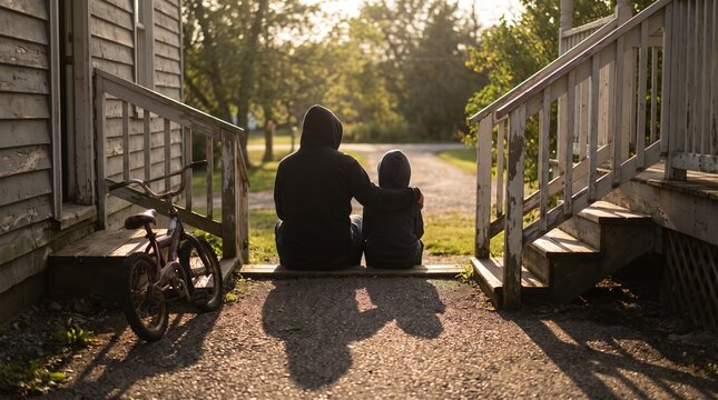 Adult and child sitting together on wooden steps
