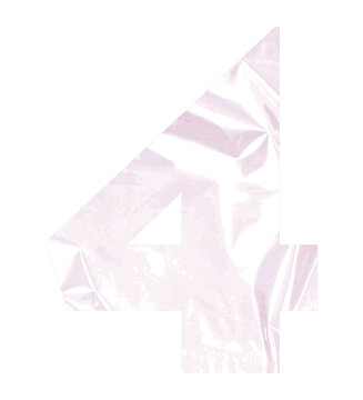 Abstract Number 4 with Pink Plastic Texture, Crumpled Wrinkled Plastic Surface, Glossy Translucent Material, Modern Numeral Design, Creative Typography Element Isolated on Transparent Background