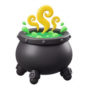 3d witch cauldron boiling with green potion and magic steam