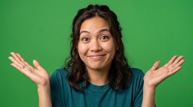 Confused Young Asian Woman Shrugging Shoulders and Looking at Camera Isolated on Green Background