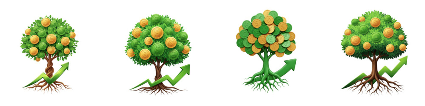 Money trees with gold coins growing on branches representing financial growth