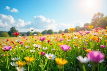 Obraz premium A vibrant field of wildflowers in full bloom under a bright spring sky, symbolizing freedom and renewal Sunlight dapples the petals, creating a joyful, carefree atmosphere , bright, orange