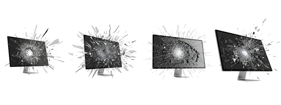 Multiple monitors with shattering glass screens isolated on black background