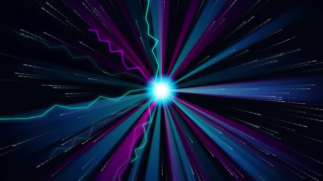 Abstract energy portal with glowing blue core and erratic lightning streaks shooting outwards against dark geometric background motion graphic video loop effect.