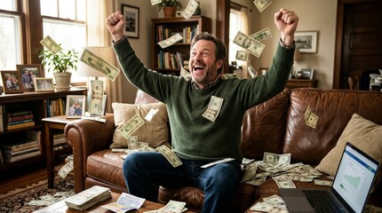 Fototapeta premium Man celebrating as cash falls around inside living room apartment