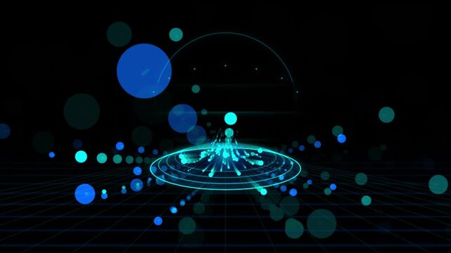 Blue digital particles floating above neon glowing circular scanner on dark perspective grid surface for modern tech visualization background and motion graphic clip.