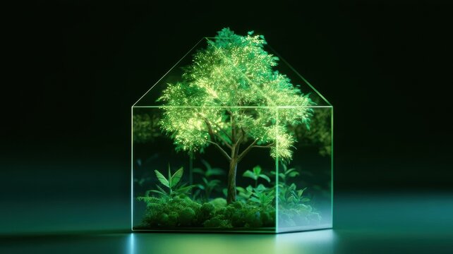 3d render of a glowing digital tree inside a holographic house model for sustainable architecture and green tech