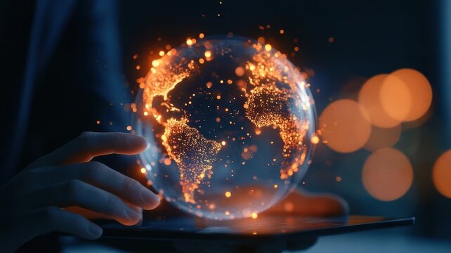 Cinematic portrait of a massive holographic globe displaying global real estate hotspots with orange glowing nodes controlled by a tablet