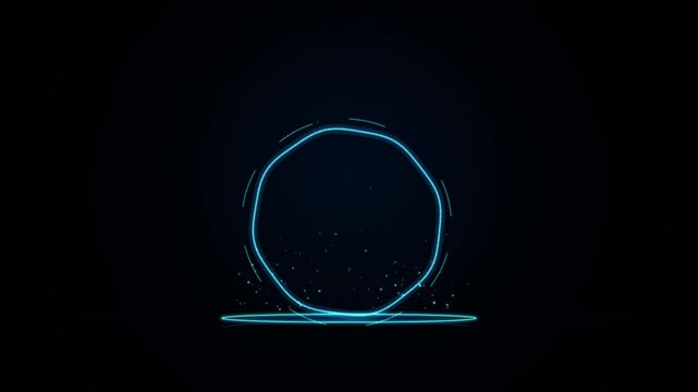 Glowing neon circle pulse effect with floating particles against dark backdrop for digital presentation interface elements or abstract motion graphic loop footage.