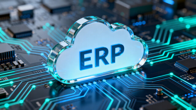 Futuristic ERP cloud system integration on digital circuit board background