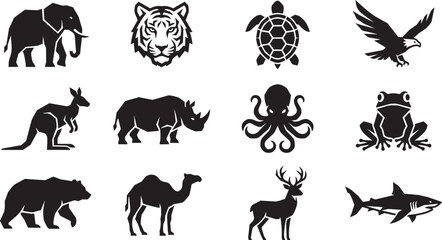 Fototapeta premium Wild Animal Silhouette Icons Set – Elephant, Tiger, Turtle, Eagle, Kangaroo and Wildlife Vector Collection