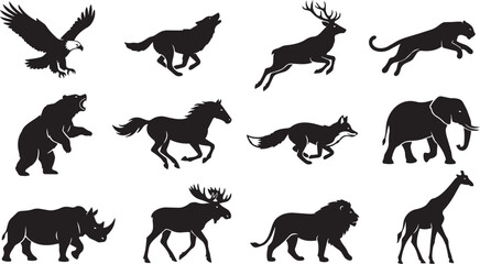 Obraz premium Wild Animal Silhouette Icon Set, Collection of Wildlife Mammals and Birds wildlife, animal, silhouette, vector, icon, collection, wild, mammal, bird, eagle, wolf, deer, horse, foxin Black Vector Style