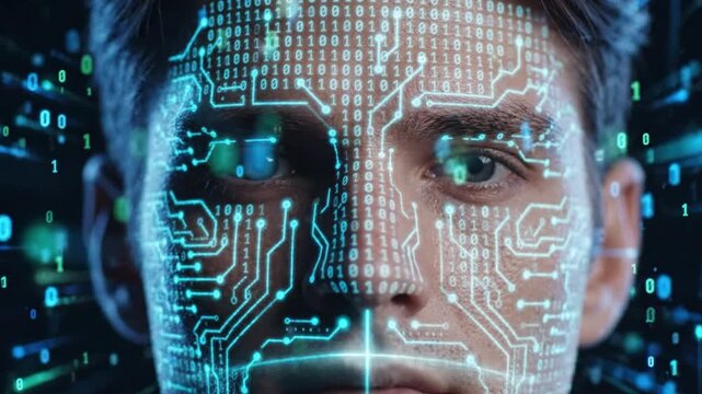 Close Up of Man Face with Glowing Cyan Circuit Board Lines and Binary Code Overlay for AI Facial Recognition Biometrics and Cyber Security Concept