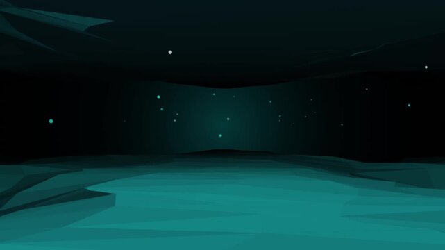 Abstract dark blue digital space background with floating glowing particle light orbs moving in rhythmic motion through minimalist low poly terrain 3d rendering.