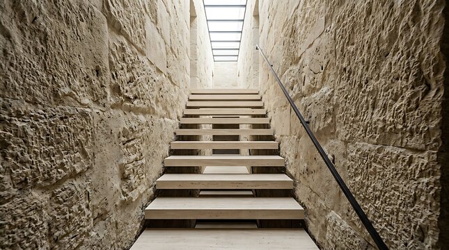 Floating travertine stone staircase between rough stone walls under skylight