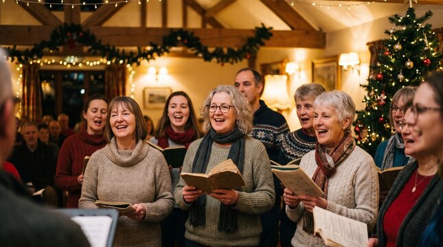 Group of people singing Christmas carols in a festive holiday choir performance