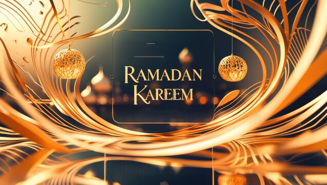 Elegant Ramadan Kareem greeting sign framed by glowing golden swirls abstract wave ribbons and hanging brass baubles