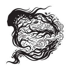 Fototapeta premium Black and White Silhouette of a Woman Profile with Hair Merging into Tree Branches and Clouds, a Creative Fusion Composite Overlay Illustration