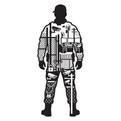 Fototapeta premium Double exposure silhouette of a security guard featuring a composite overlay fusion of surveillance cameras, fences, and monitoring systems.