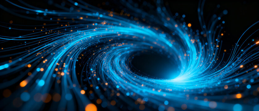 Futuristic cosmic swirl with glowing blue energy vortex and digital particles