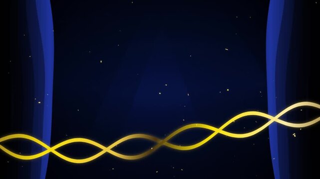 Abstract golden waves flow dynamically across a deep blue background, accented by subtle glowing particles and framed by elegant blue and black borders 