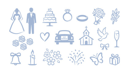 Naklejka premium A collection of wedding themed icons including bride groom cake rings and church on white background