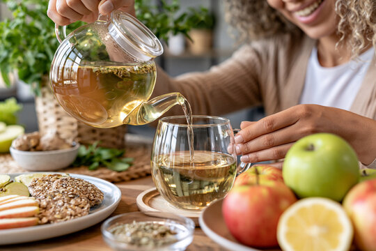 Warm light shines on a smiling woman pouring tea. Her hands guide clear glass teapot to a matching cup. Fresh fruit and nuts sit beside her on a wooden table. She enjoys a peaceful moment with simple