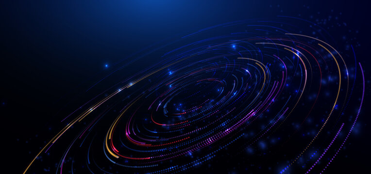 Abstract Digital Spiral Wave Background with Blue and Orange Glowing Dots.
