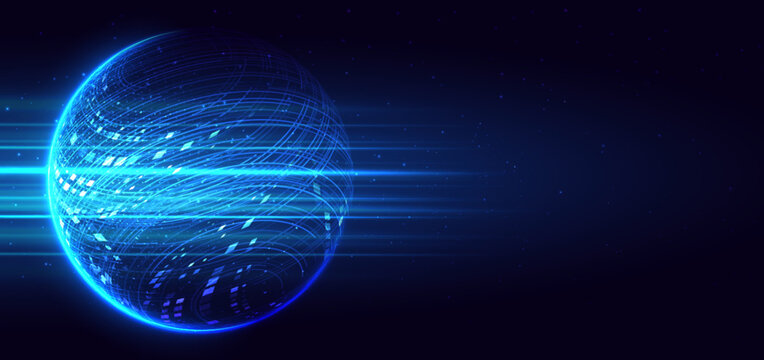 Modern high tech background with a luminous global sphere, dynamic data streams.