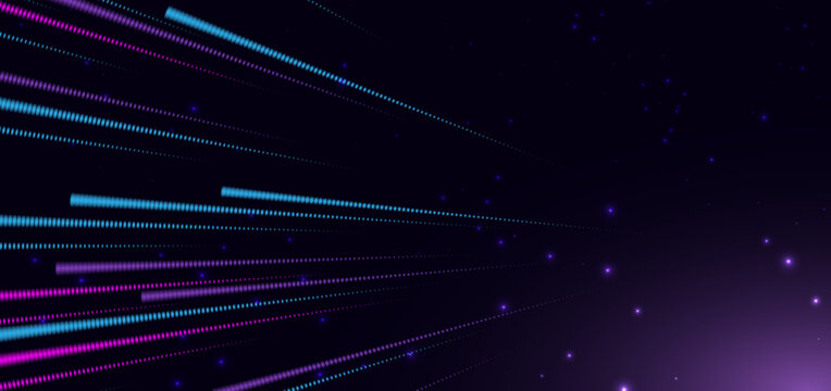 Abstract Futuristic Digital Light Trails with Neon Blue and Purple Data Lines on Dark Background.