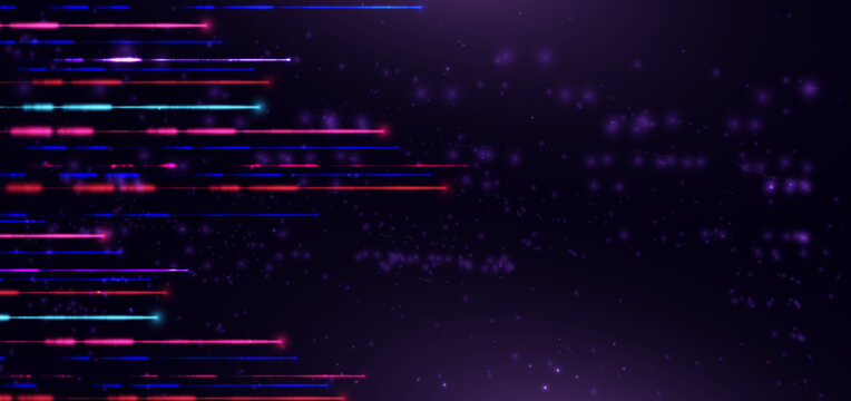 Abstract Neon Light Streaks and Glowing Particles on Dark Purple Background.