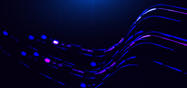Abstract Blue Neon Wave Lines with Glowing Light Trails on Dark Technology Background.