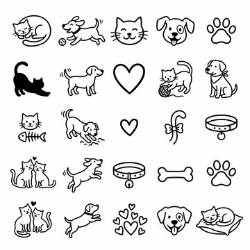 Cute Cat and Dog Line Art Icons Set With Paw Prints Hearts Collars Bones and Playful Poses