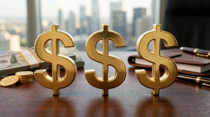 Fototapeta na wymiar Three gold dollar signs standing on desk with city view