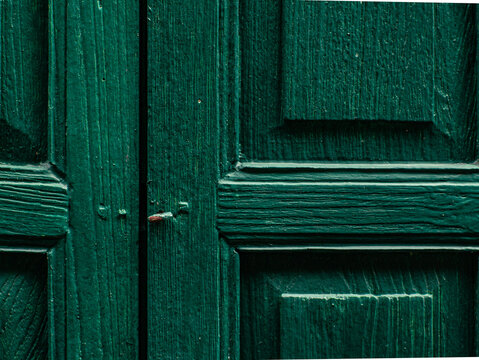 Dark Green Painted Wooden Door Panel Texture, Vintage Rustic Carved Wood Background Close Up
