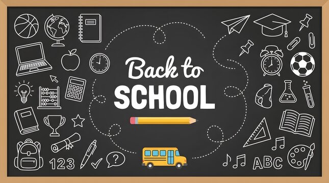 Back to school chalkboard background, educational supplies line art icons on black board, classroom learning concept banner