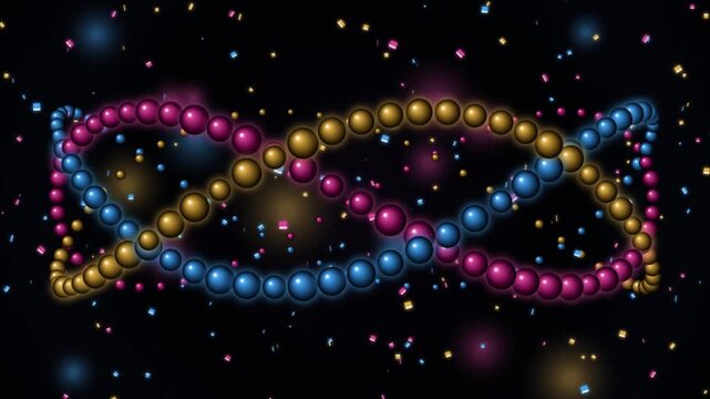 Abstract dna chain structure with rotating colorful sphere beads against black background featuring floating confetti motion for digital medical science visuals.