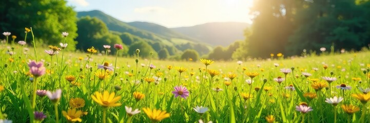 Obraz premium Sun-drenched meadow in summer, wildflowers in bloom, vibrant green grass, idyllic landscape, peaceful scenery, abundant nature , wildlife, sun, field