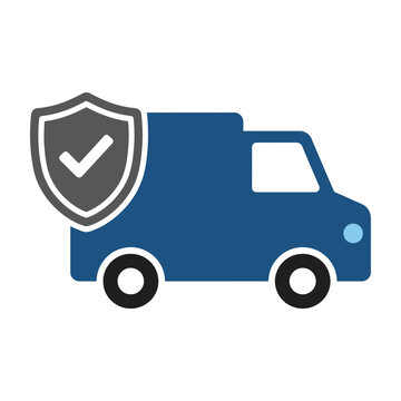 Blue delivery van icon with shield check signifying secure vehicle transport